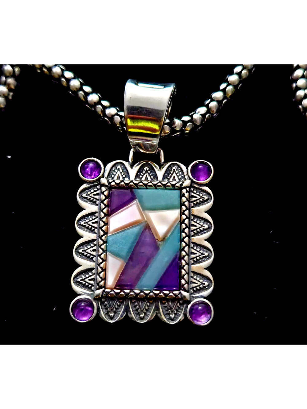 Sincerely Southwest Sterling Silver Desert Dreams Inlay Necklace 34.3g Vintage